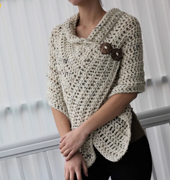 AZALI Poncho Crochet Pattern | Cowl Neck & Button Detail | PDF Download