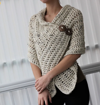 AZALI Poncho Crochet Pattern | Cowl Neck & Button Detail | PDF Download
