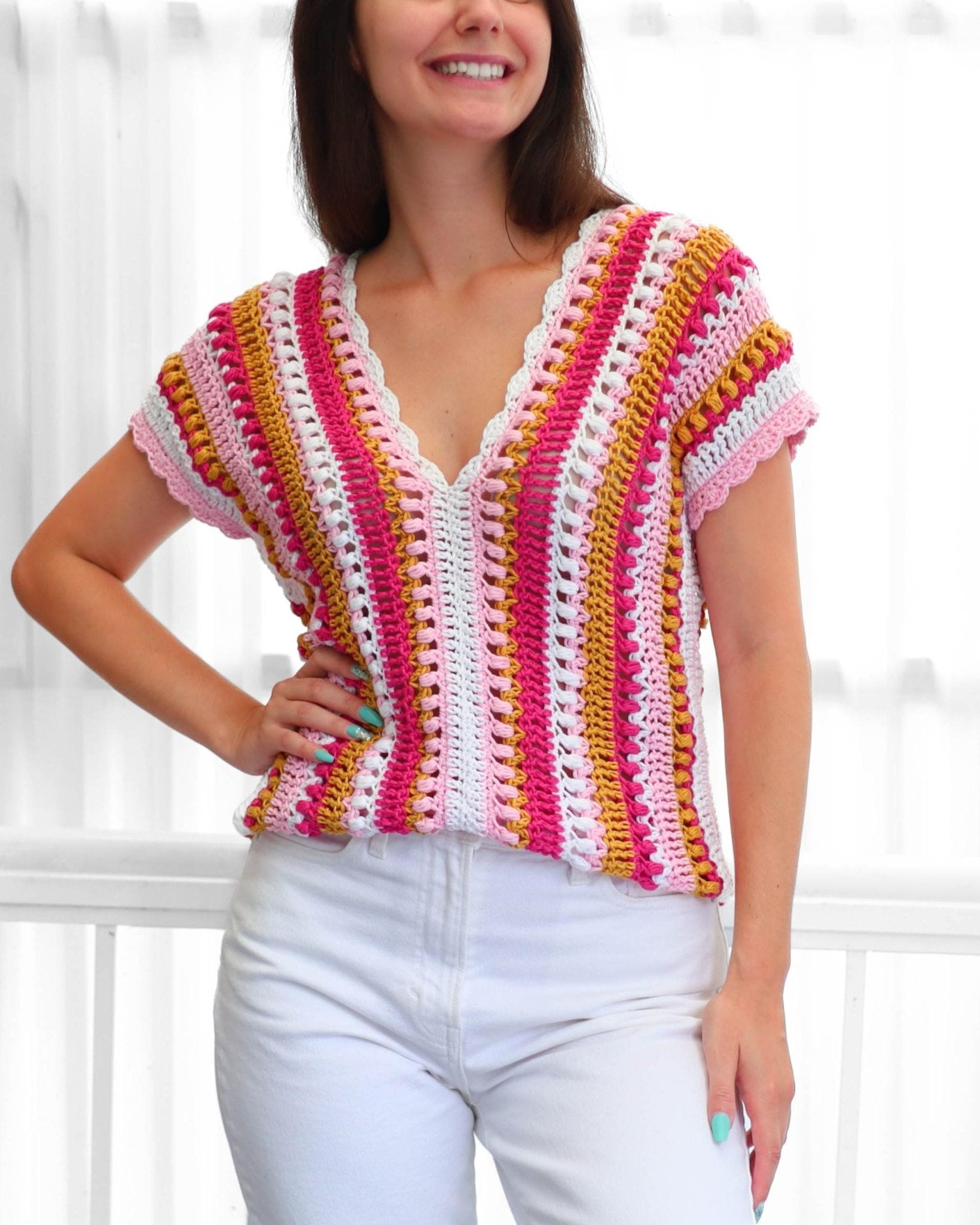 ALYSSA V-Neck Top Crochet Pattern | Soft-Drape Rectangle Top | PDF (XS–3XL) - Hakel Liebe