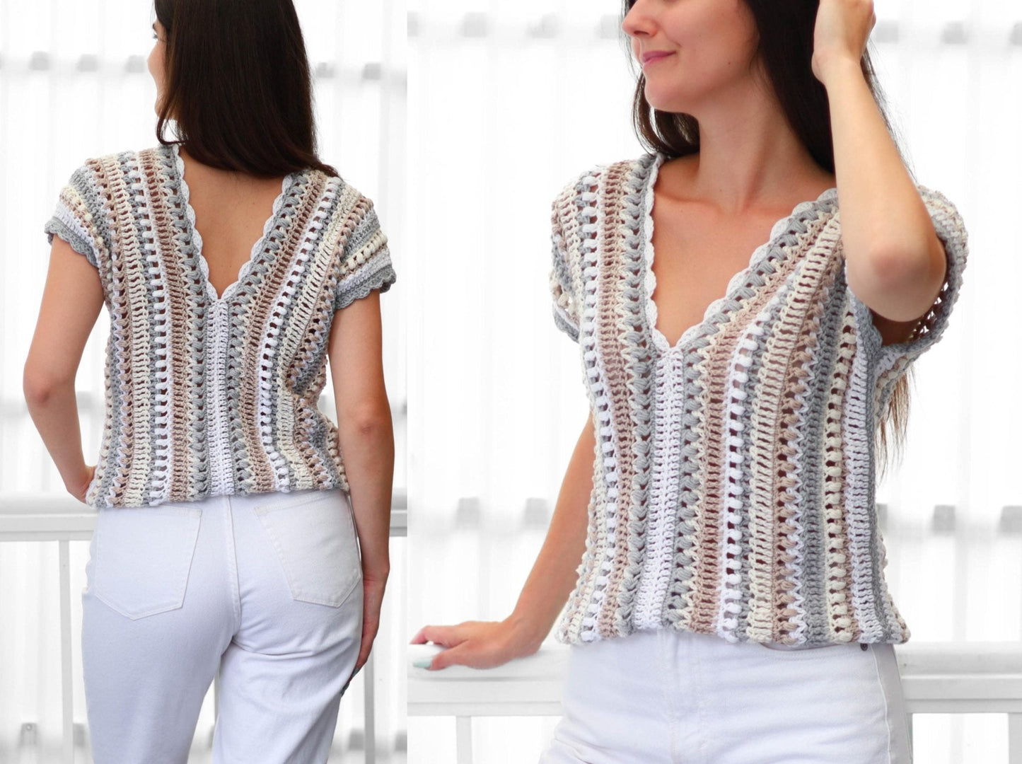 ALYSSA V-Neck Top Crochet Pattern | Soft-Drape Rectangle Top | PDF (XS–3XL) - Hakel Liebe