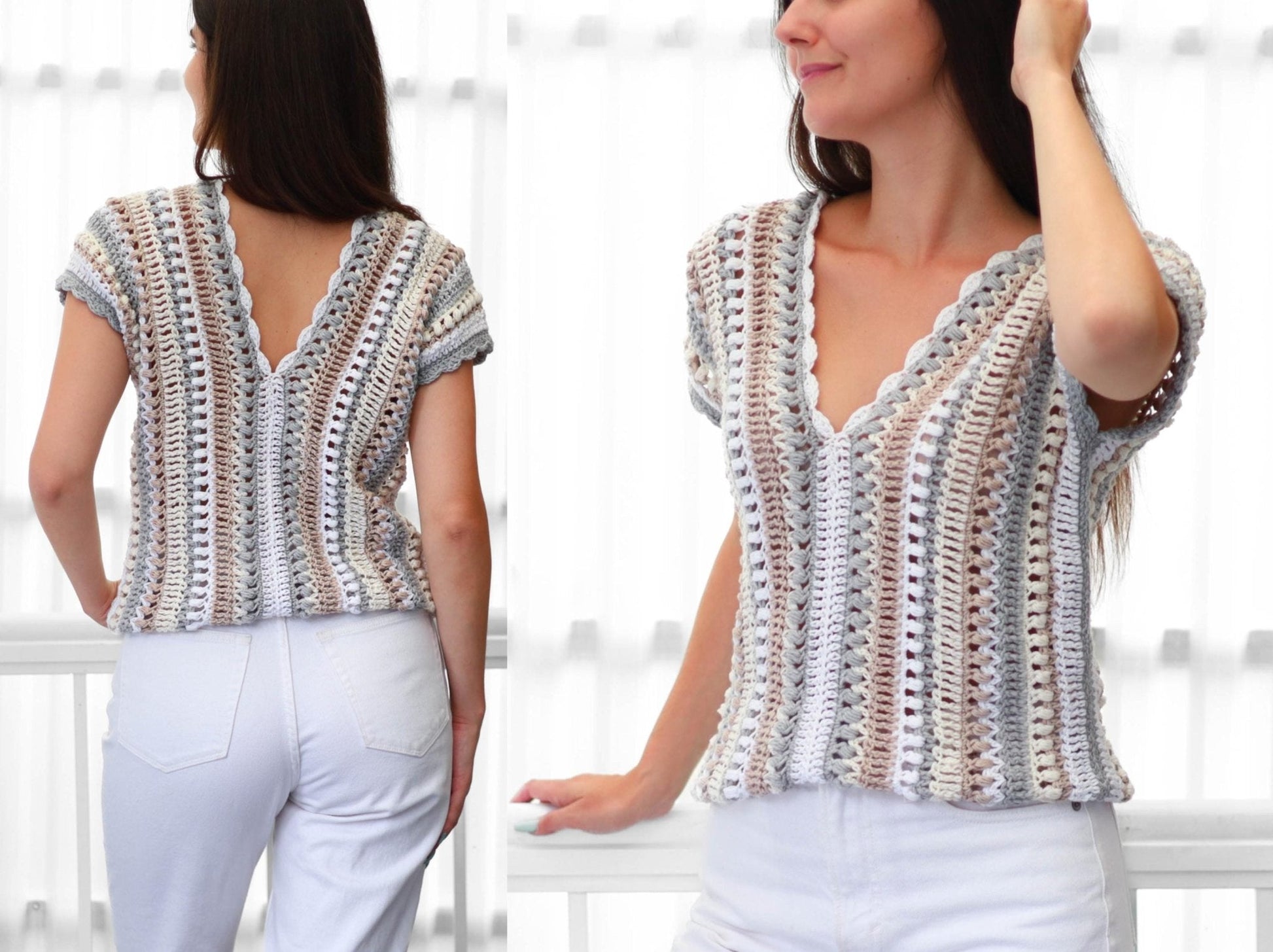 ALYSSA V-Neck Top Crochet Pattern | Soft-Drape Rectangle Top | PDF (XS–3XL) - Hakel Liebe