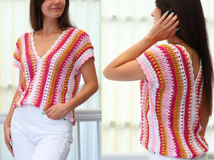 ALYSSA V-Neck Top Crochet Pattern | Soft-Drape Rectangle Top | PDF (XS–3XL) - Hakel Liebe