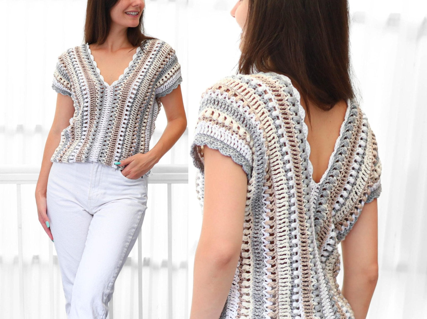 ALYSSA V-Neck Top Crochet Pattern | Soft-Drape Rectangle Top | PDF (XS–3XL) - Hakel Liebe