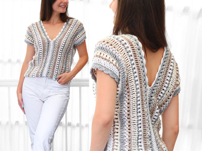 ALYSSA V-Neck Top Crochet Pattern | Soft-Drape Rectangle Top | PDF (XS–3XL) - Hakel Liebe
