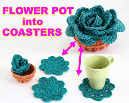 Flower Pot Coasters Crochet Pattern | Flower Pot That Becomes Coasters | PDF - Hakel Liebe