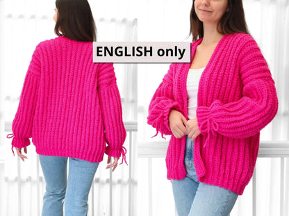HALLIE Oversized Cardigan Crochet Pattern | Ribbed Comfort with Bow Cuffs | PDF (XS–3XL) - Hakel Liebe