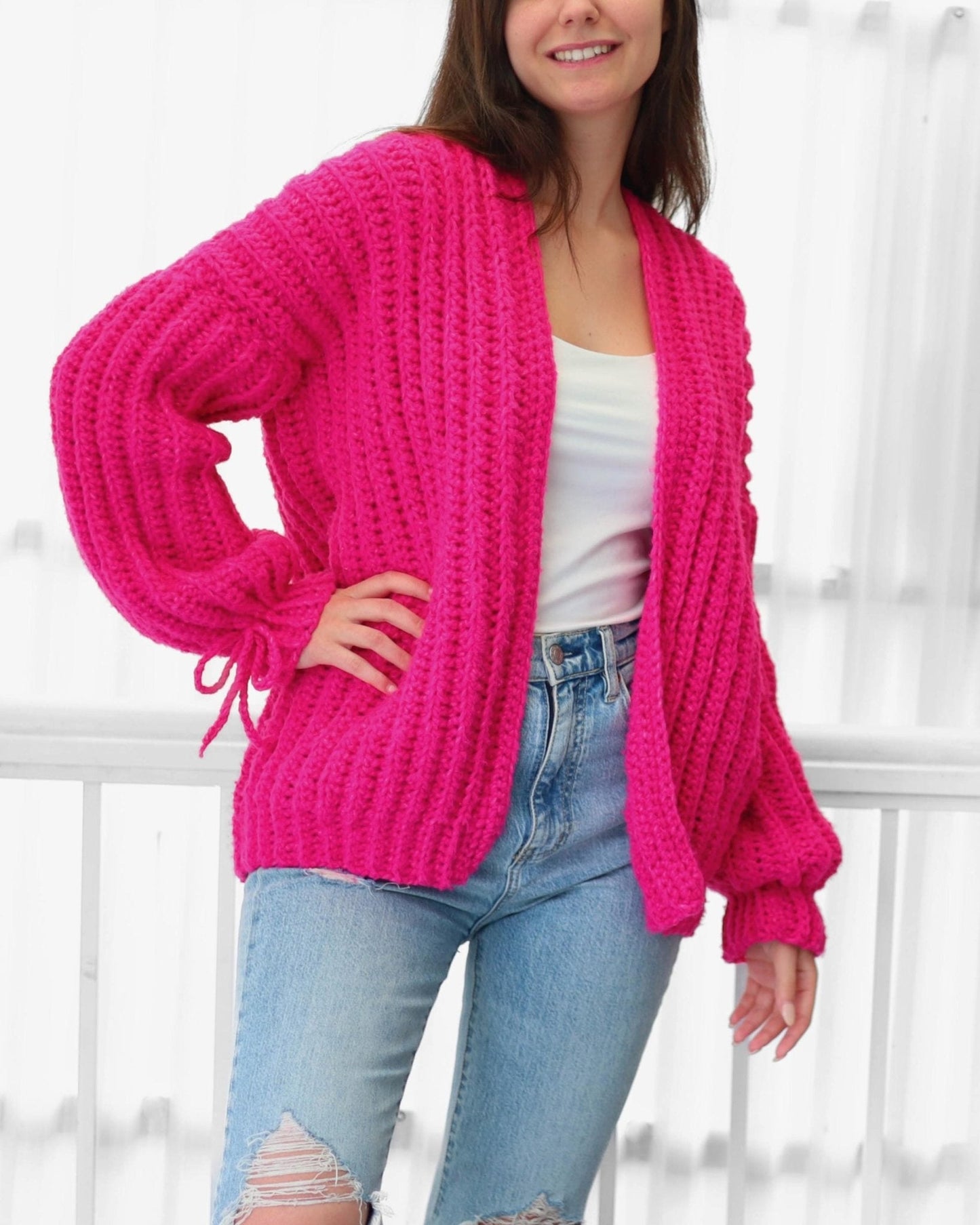 HALLIE Oversized Cardigan Crochet Pattern | Ribbed Comfort with Bow Cuffs | PDF (XS–3XL) - Hakel Liebe