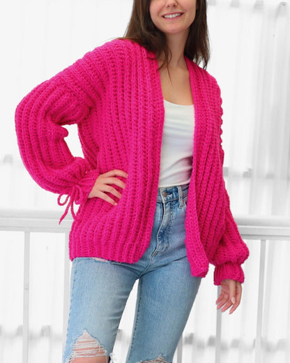 HALLIE Oversized Cardigan Crochet Pattern | Ribbed Comfort with Bow Cuffs | PDF (XS–3XL) - Hakel Liebe