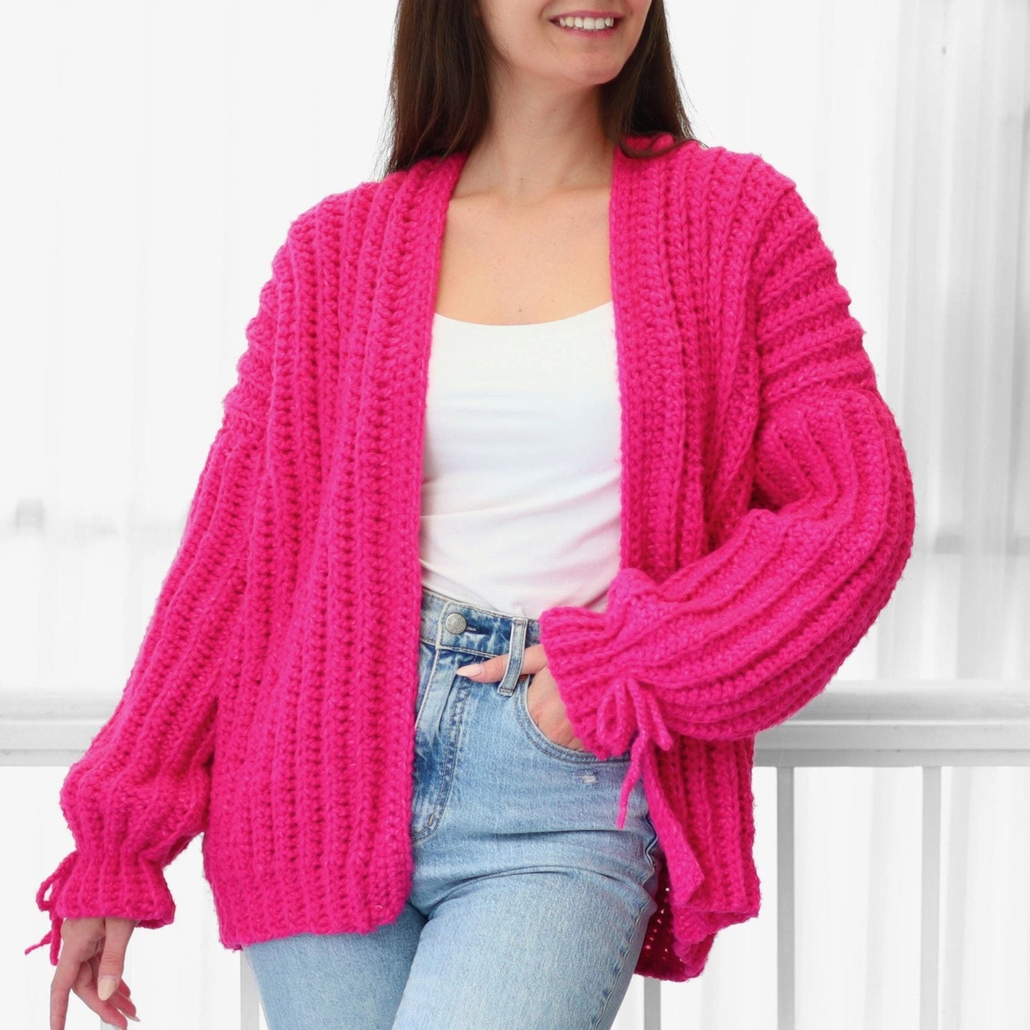 HALLIE Oversized Cardigan Crochet Pattern | Ribbed Comfort with Bow Cuffs | PDF (XS–3XL) - Hakel Liebe