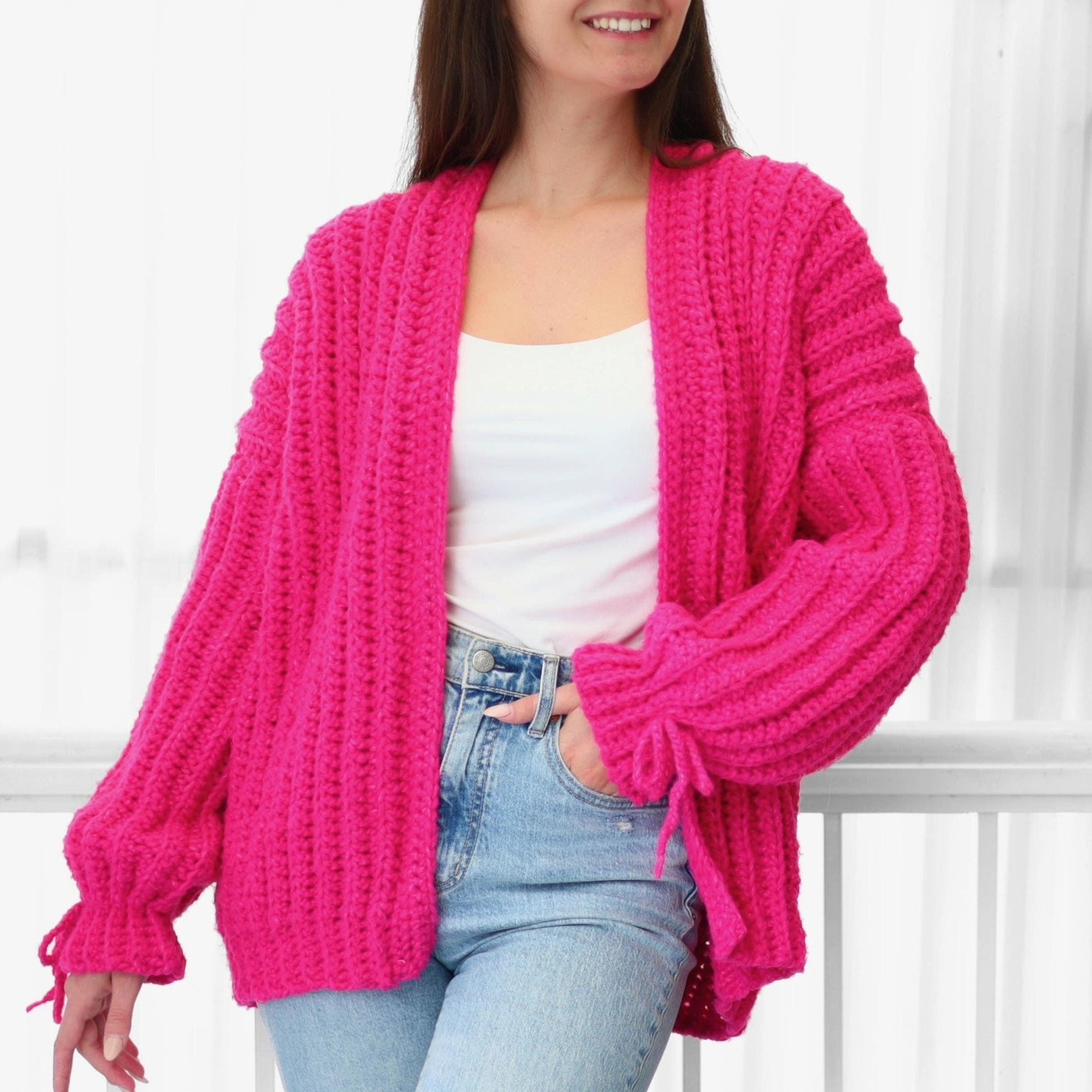 HALLIE Oversized Cardigan Crochet Pattern | Ribbed Comfort with Bow Cuffs | PDF (XS–3XL) - Hakel Liebe