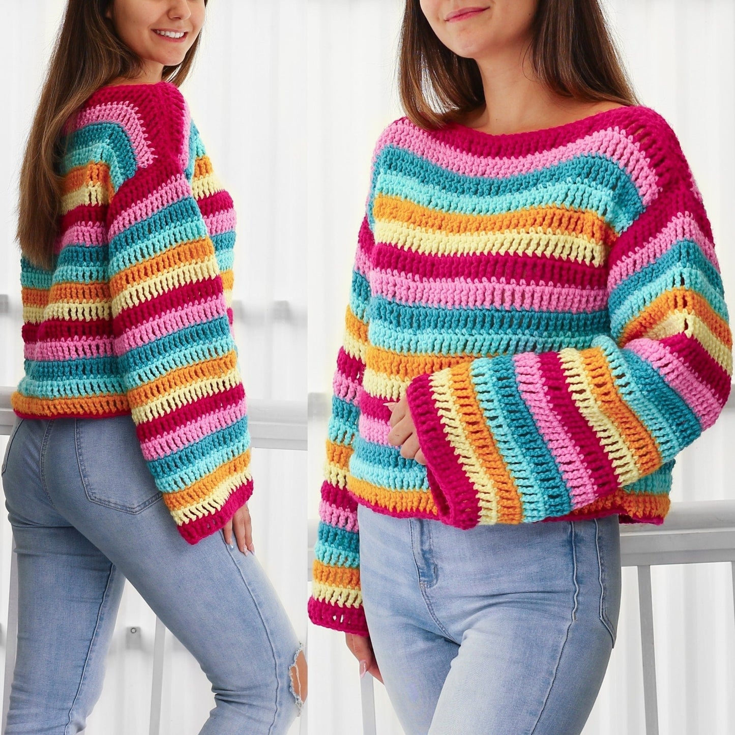 IRIS Sweater Crochet Pattern | Colorful Wide-Sleeve Pullover | PDF (XS–3XL) - Hakel Liebe