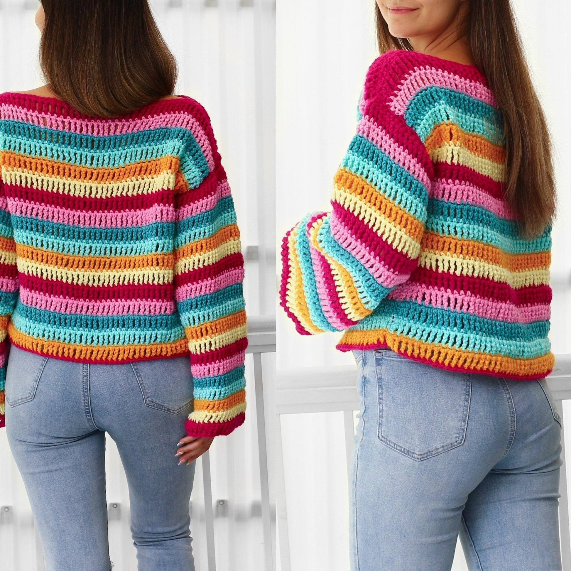 IRIS Sweater Crochet Pattern | Colorful Wide-Sleeve Pullover | PDF (XS–3XL) - Hakel Liebe
