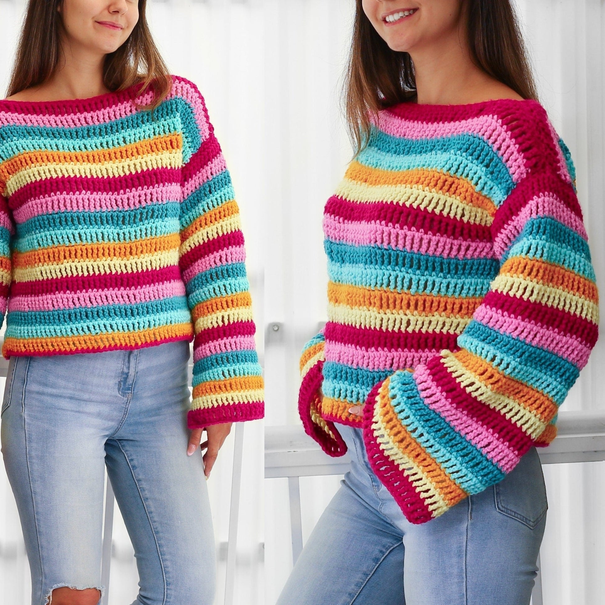 IRIS Sweater Crochet Pattern | Colorful Wide-Sleeve Pullover | PDF (XS–3XL) - Hakel Liebe