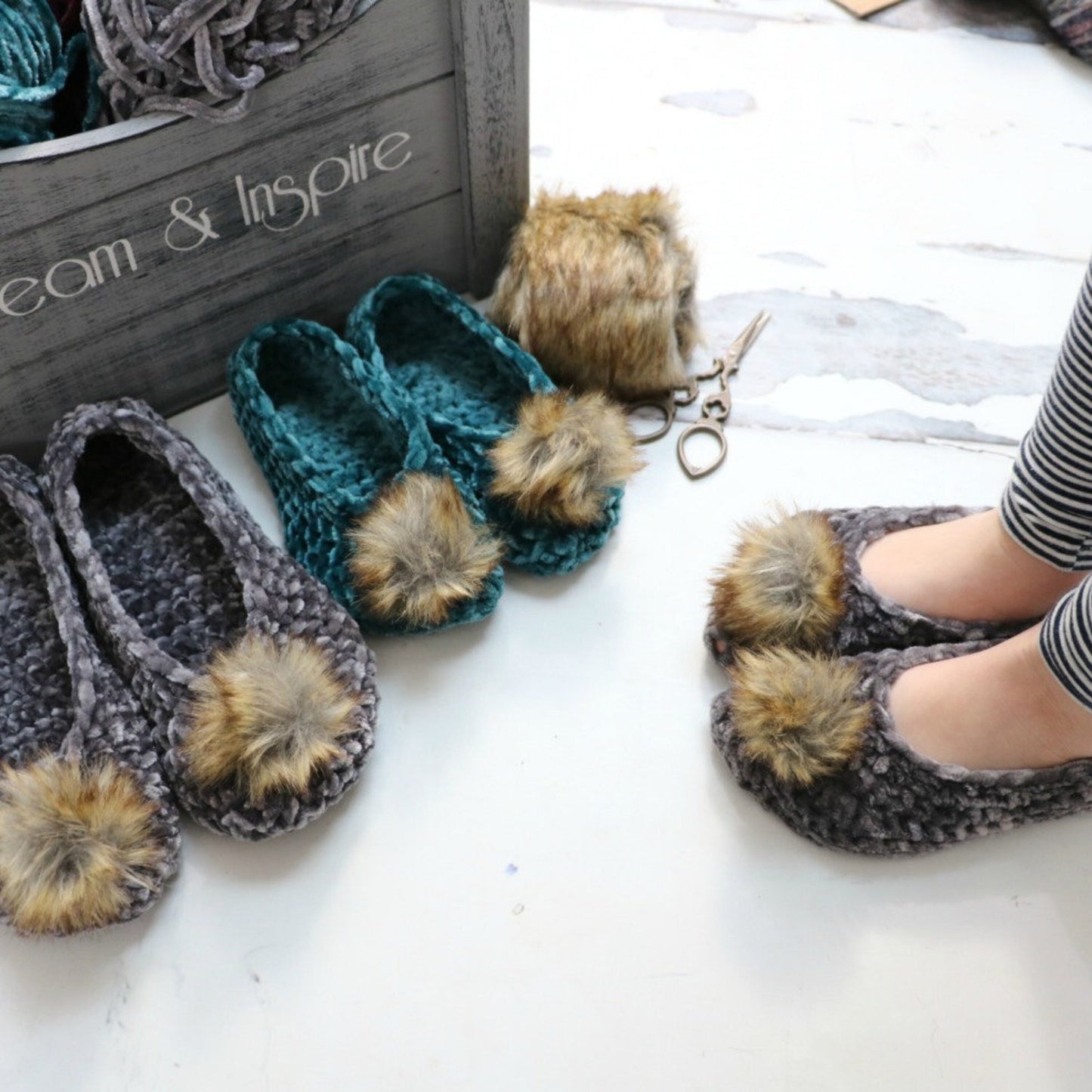 CROCHET PATTERN Velvet Ballet Pom Pom Slippers
